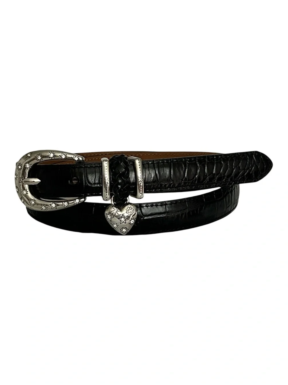 Brighton Black Croc-Embossed Leather Belt with Floral Heart Charm. Size Large 34